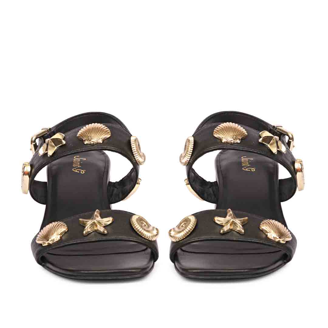 Saint Assisi Gold Seashell & Star Studs Leather Block Heels