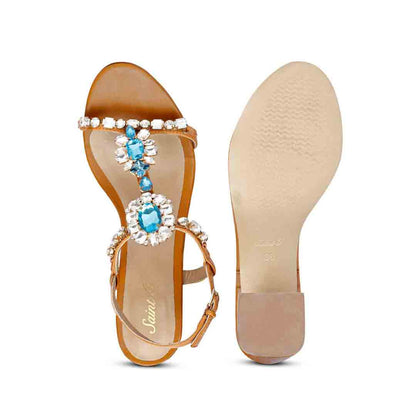 Saint Lucia Blue Stone Embellished Cuoio Leather Block Heels