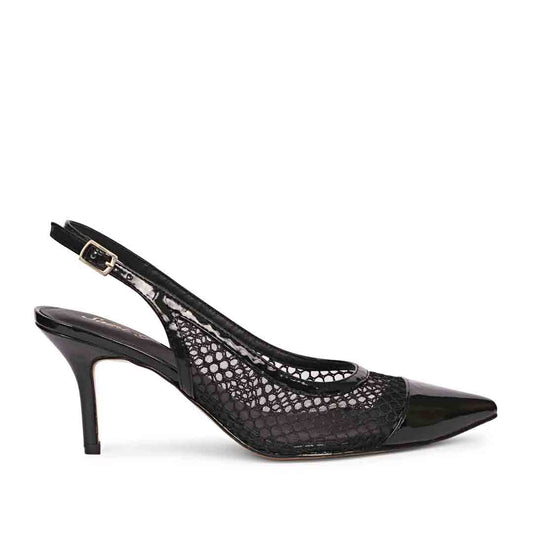 Saint Katy Black Leather & Premium Net Slingback Pumps