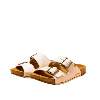 El Naturalista White Embellished Leather Block Sandals with Buckle