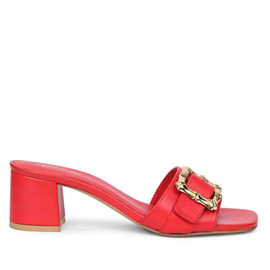 Saint Flavia Gold Square Buckle Leather Goji Berry Block Heels