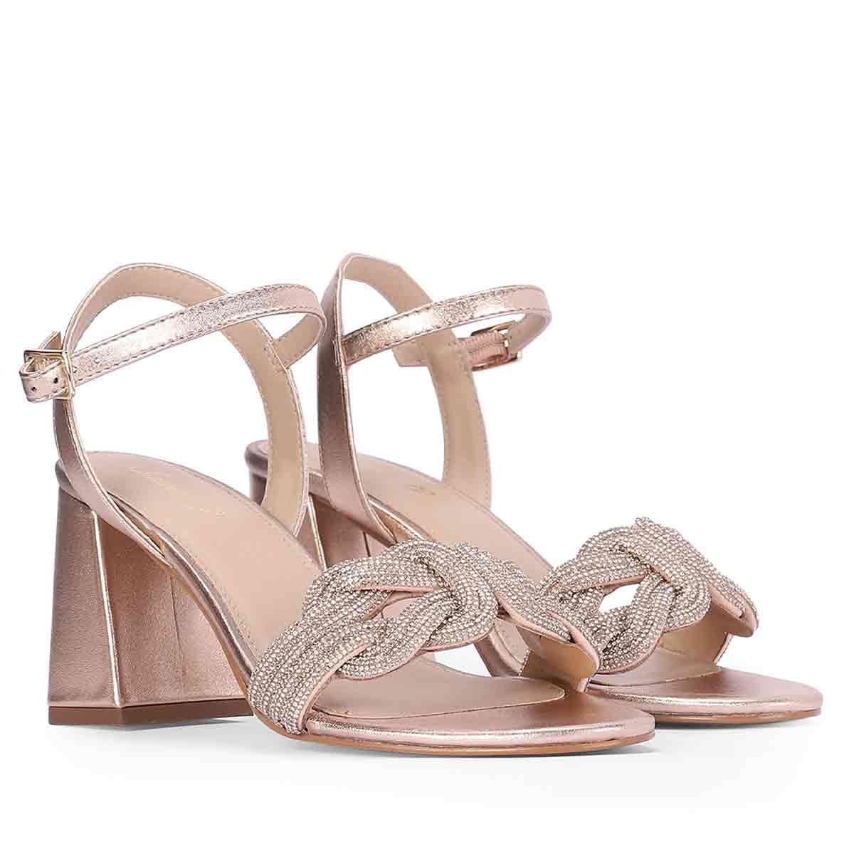 Saint Celeste Knot Embellished Rose Gold Metallic Leather Heels
