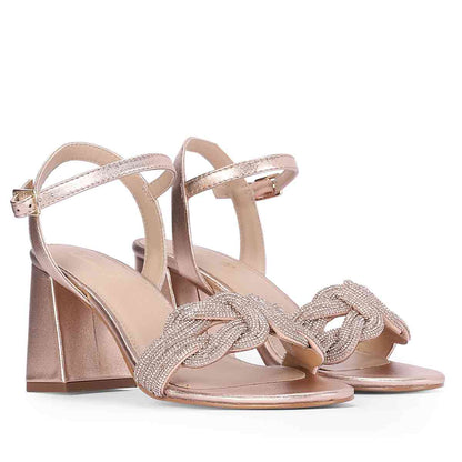 Saint Celeste Knot Embellished Rose Gold Metallic Leather Heels