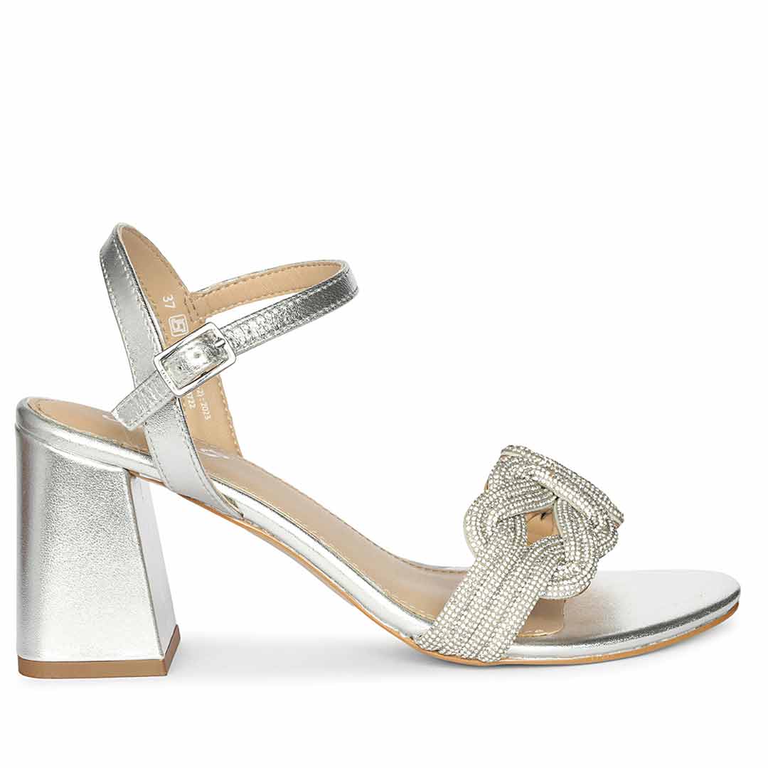Saint Celeste Knot Embellished Silver Metallic Leather Heels
