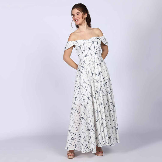 Saint Delfina Womens White Indigo Off Shoulder Cotton Maxi Dress