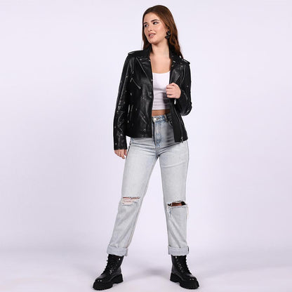 Saint Neve Black Leather Women Collar Jackets