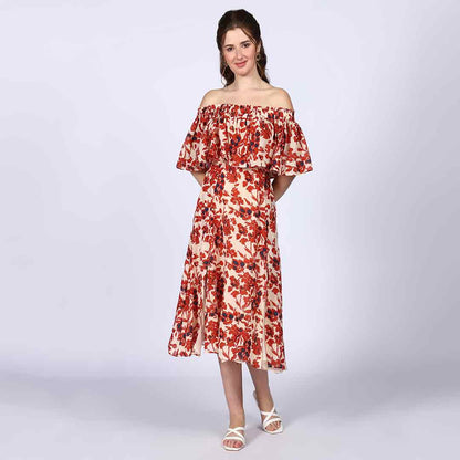 Saint Womens Ivory Red Off-Shoulder Midi Dress