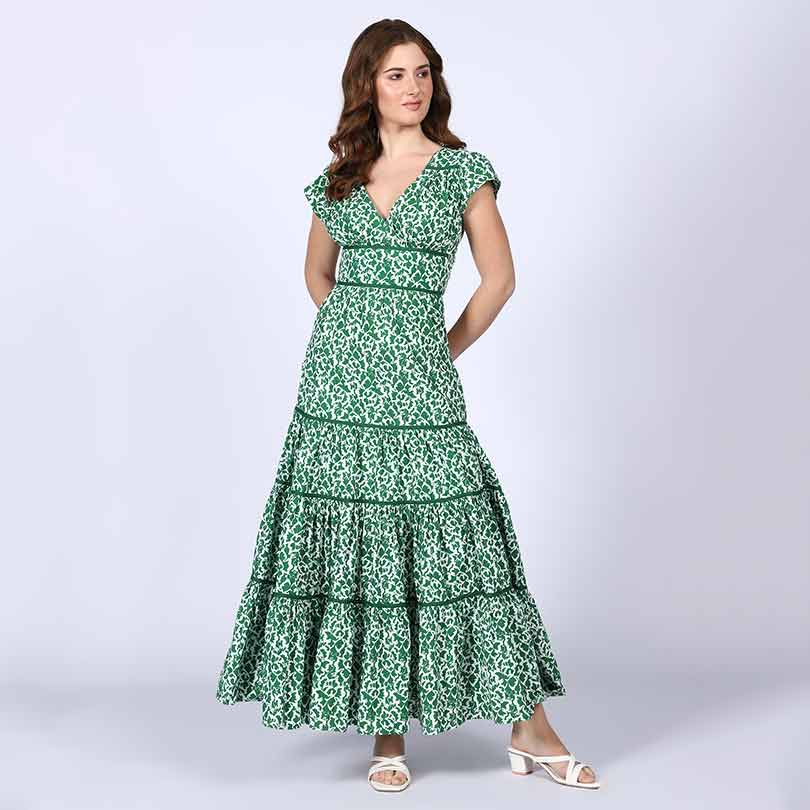 Saint Womens Green Tiered Cotton Voil Maxi Dress