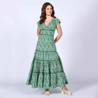 Saint Womens Green Tiered Cotton Voil Maxi Dress