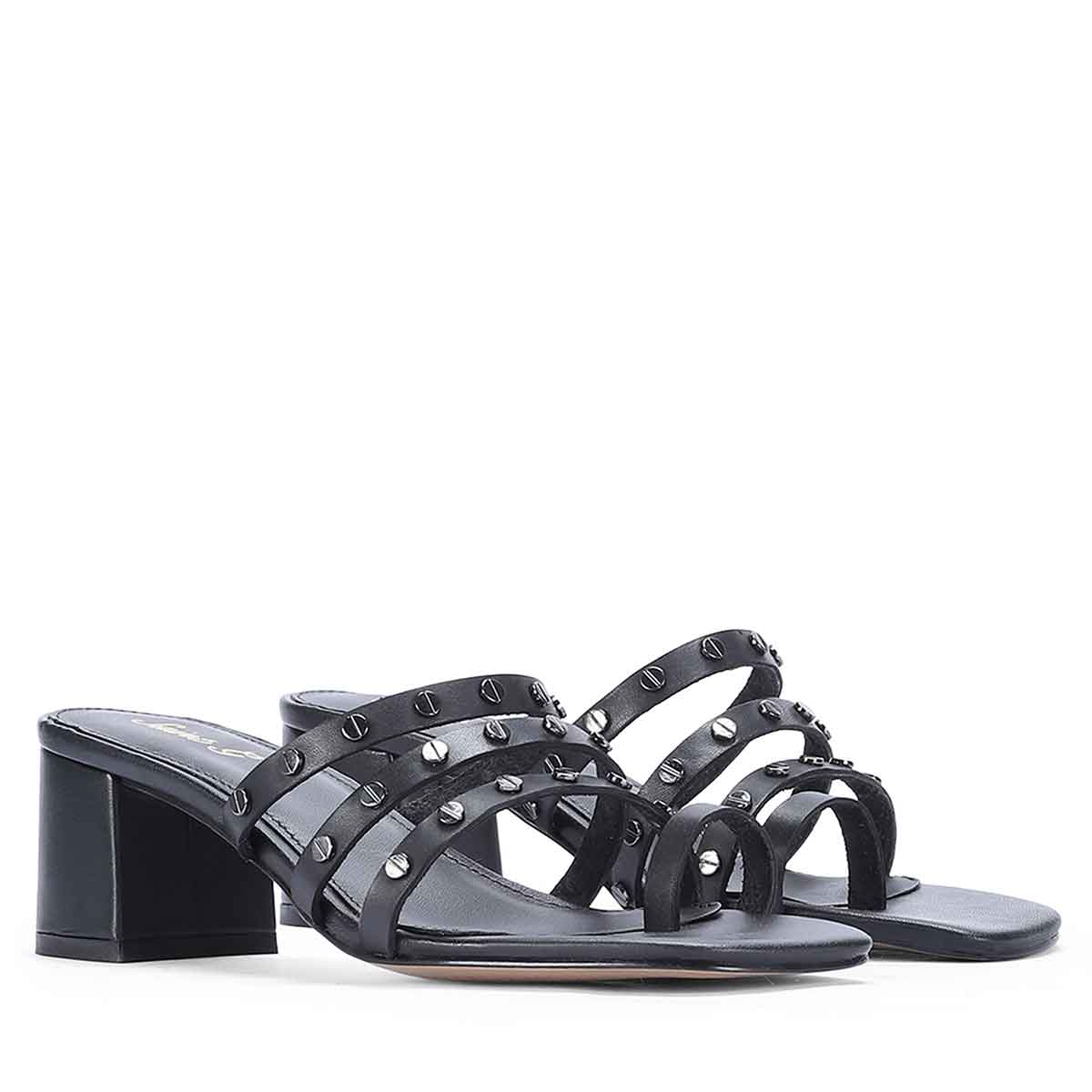 Saint Ebon Metal Studded Black Leather Block Heels