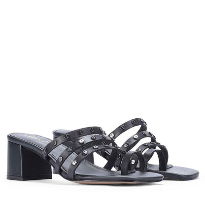 Saint Ebon Metal Studded Black Leather Block Heels