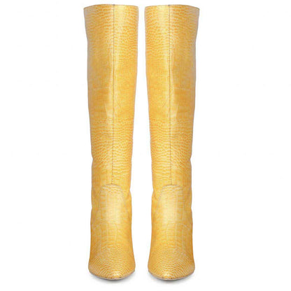Saint Adella Croco Embossed Yellow Leather Long Boots