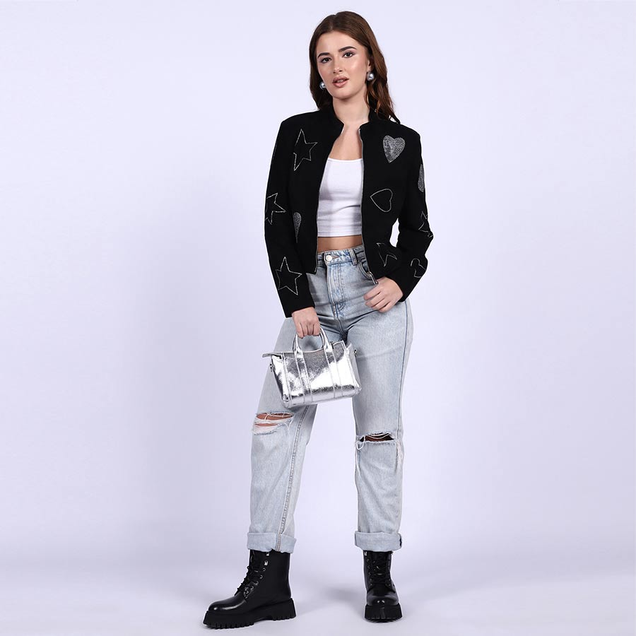 Saint Venessa Stone Embossed Black Leather Women Biker Jackets