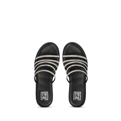 ViviBlu Black Leather Platform Sandals Embellished With White Straps