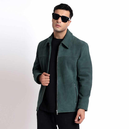Saint Cristo Dark Green Suede Leather Men's Jacket With Collars