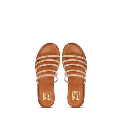 ViviBlu Tan Leather Platform Sandals Embellished With Gold Straps