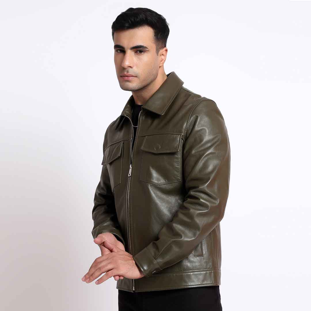Saint Ruben Olive Leather Men's Jacket With Collars