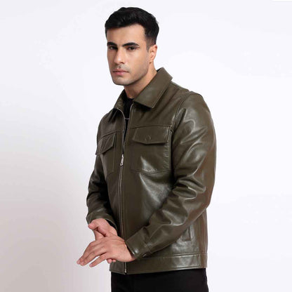 Saint Ruben Olive Leather Men's Jacket With Collars
