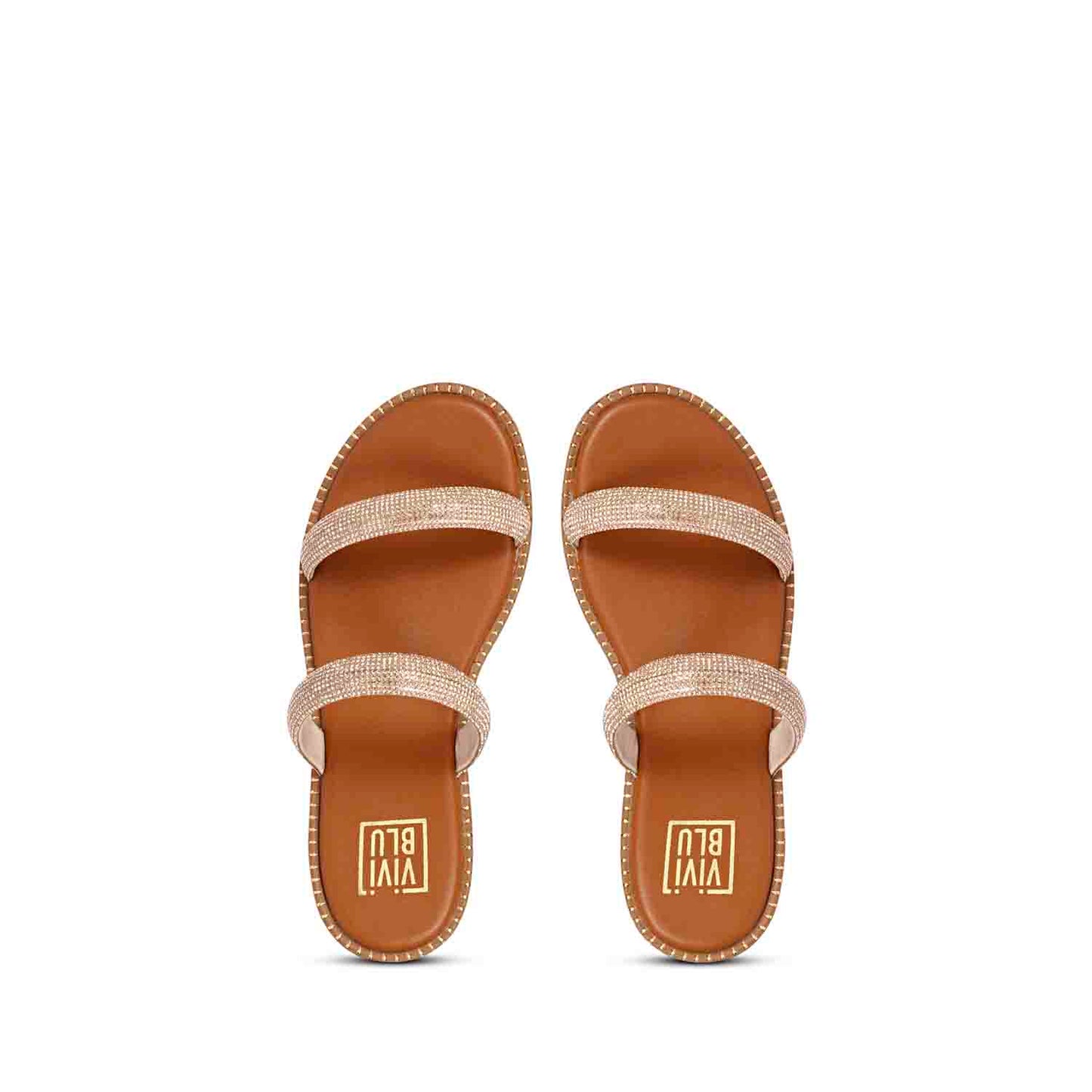 ViviBlu Tan Leather Flat Sandals Embellished With Champange Straps