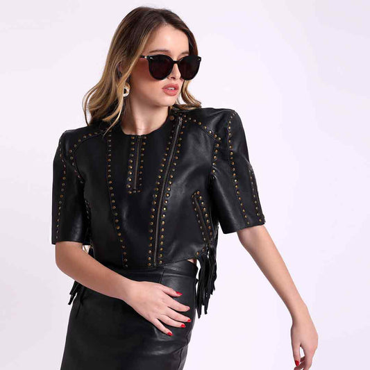 Saint Vera Metal Studded Fringed Leather Short Jacket
