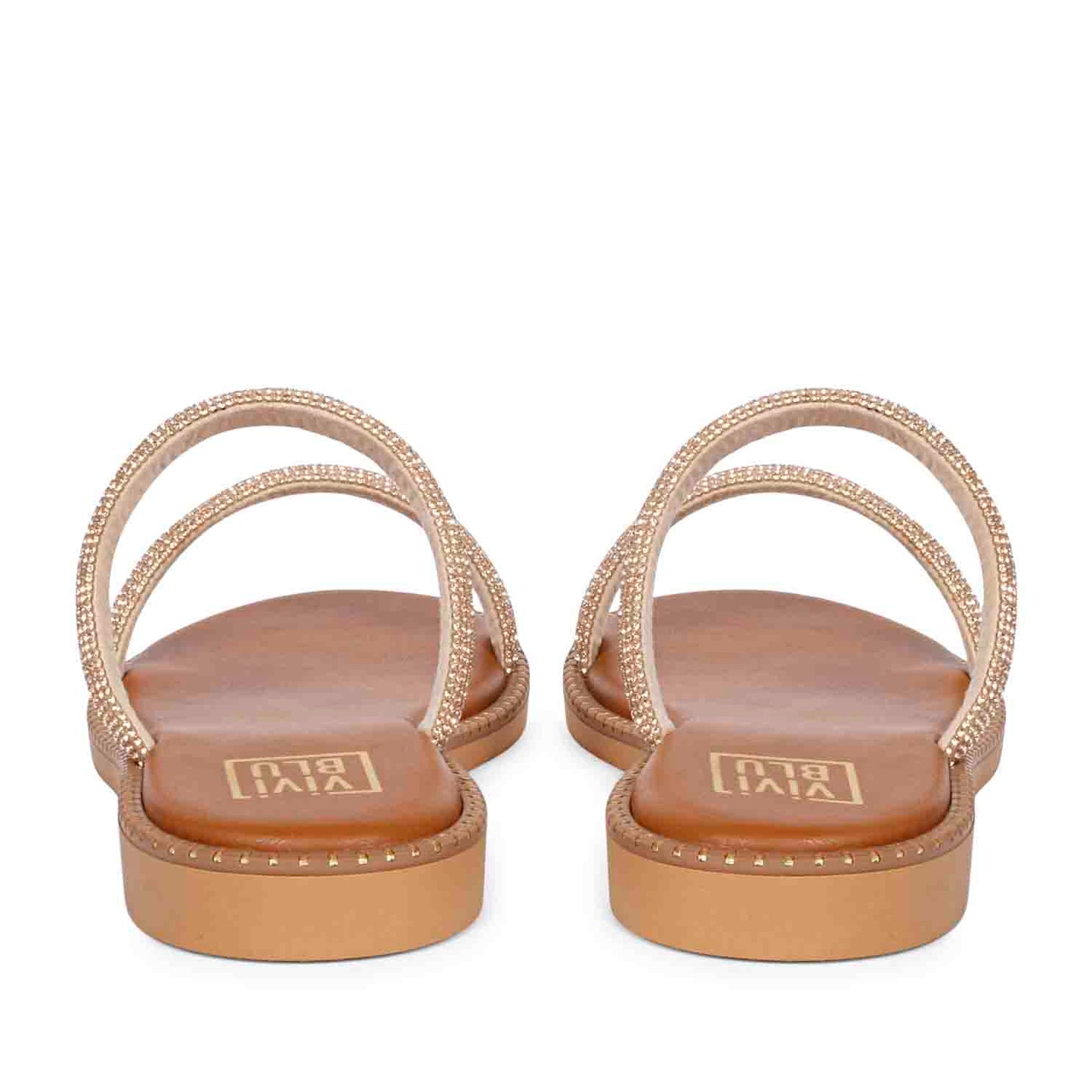 ViviBlu Tan Leather Flat Sandals Embellished With Champange Straps