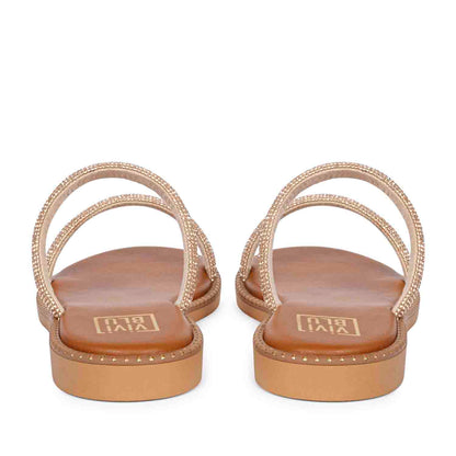 ViviBlu Tan Leather Flat Sandals Embellished With Champange Straps