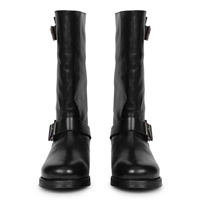 Saint Adette Buckle Decor Black Leather Calf Length Boots