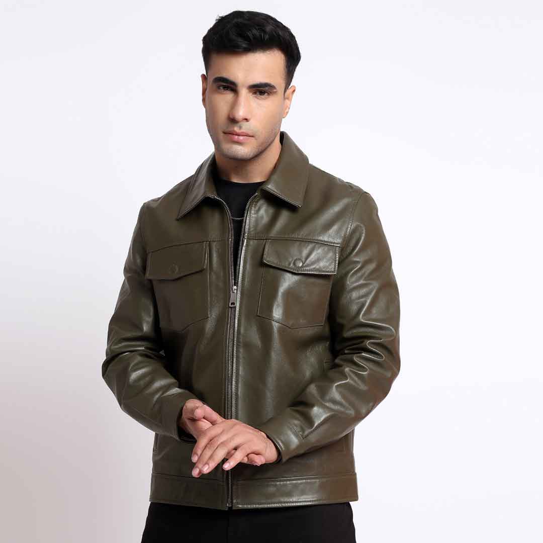 Saint Ruben Olive Leather Men's Jacket With Collars