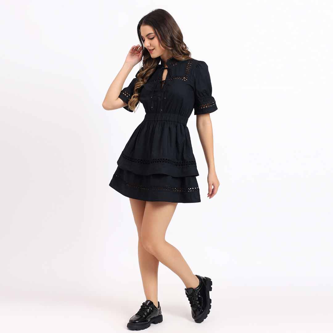 Saint Womens Black Solid Cotton Short Dress
