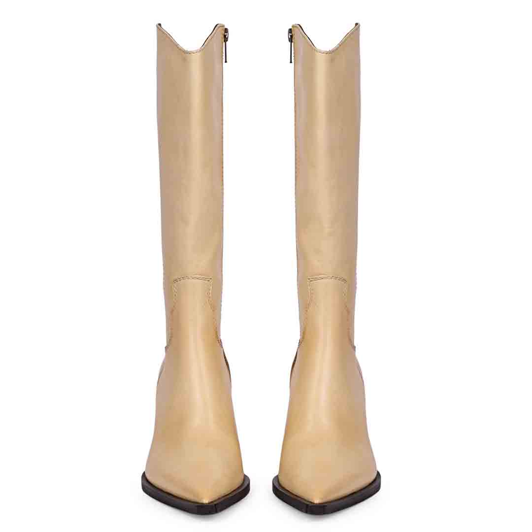 Saint Prune Natural Leather Calf Length Block Heel Boots