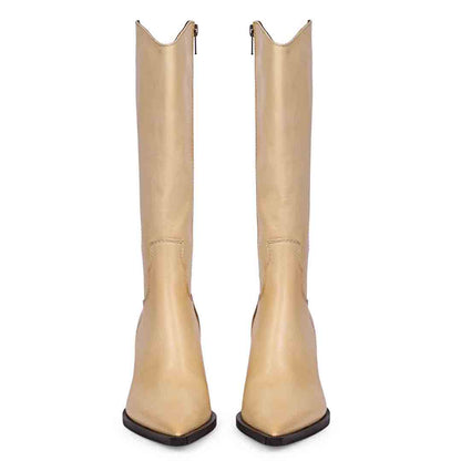 Saint Prune Natural Leather Calf Length Block Heel Boots