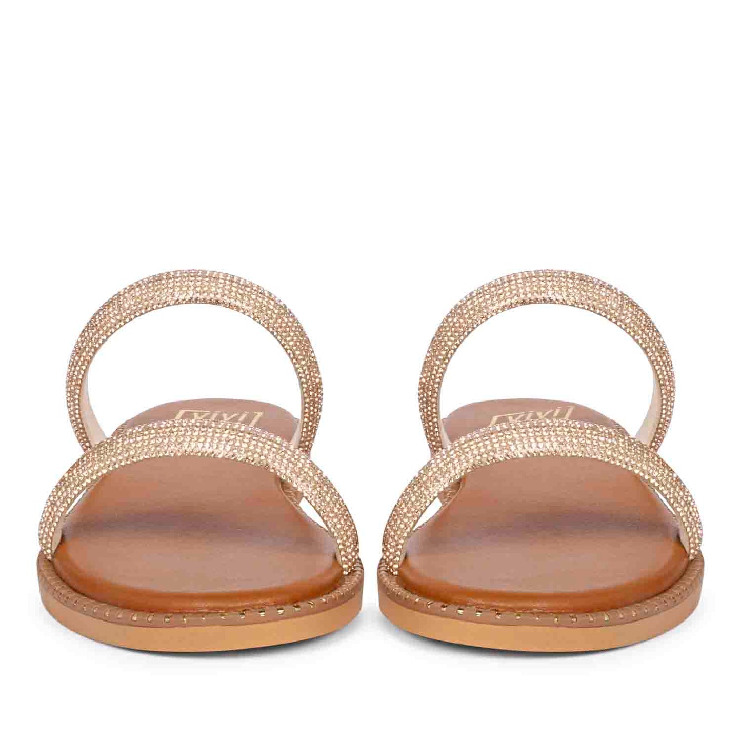 ViviBlu Tan Leather Flat Sandals Embellished With Champange Straps