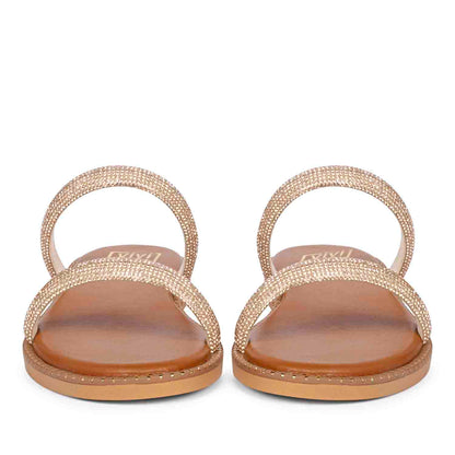ViviBlu Tan Leather Flat Sandals Embellished With Champange Straps