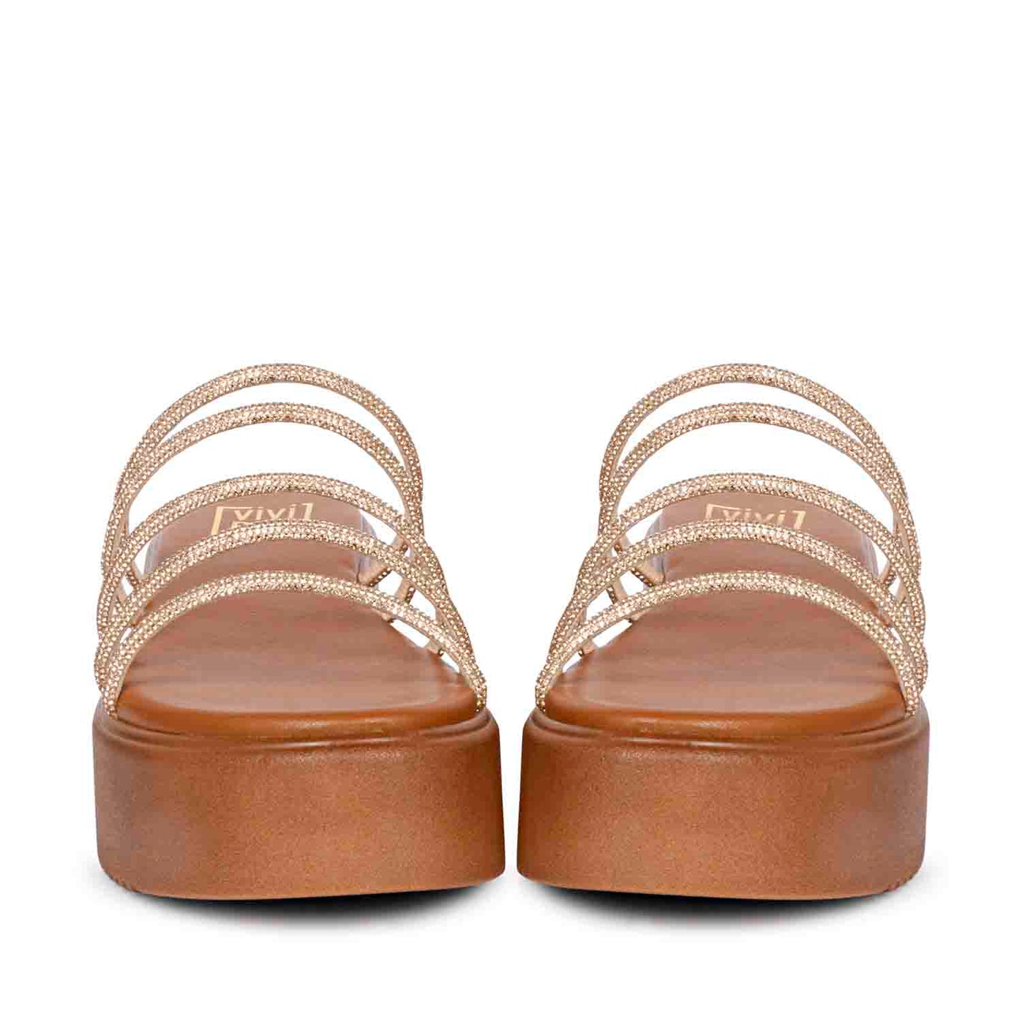 ViviBlu Tan Leather Platform Sandals Embellished With Gold Straps