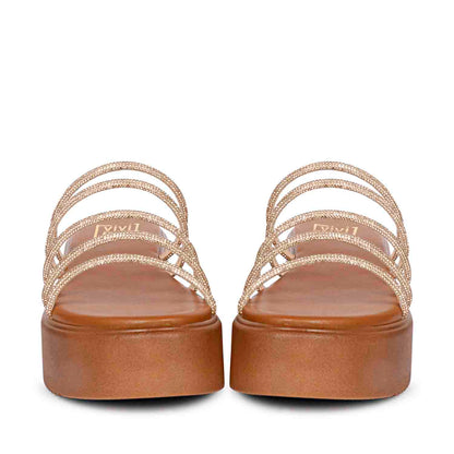ViviBlu Tan Leather Platform Sandals Embellished With Gold Straps