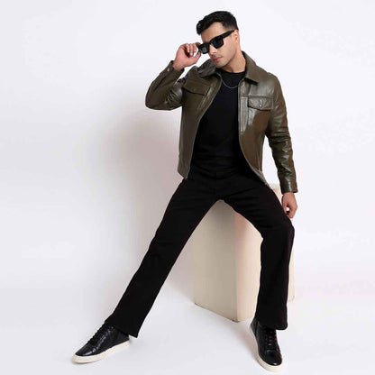 Saint Ruben Olive Leather Men's Jacket With Collars