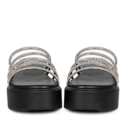 ViviBlu Black Leather Platform Sandals Embellished With White Straps