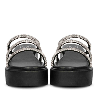 ViviBlu Black Leather Platform Sandals Embellished With White Straps