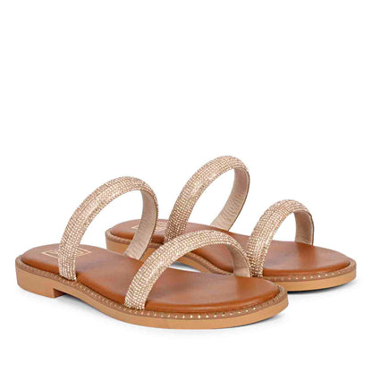 ViviBlu Tan Leather Flat Sandals Embellished With Champange Straps