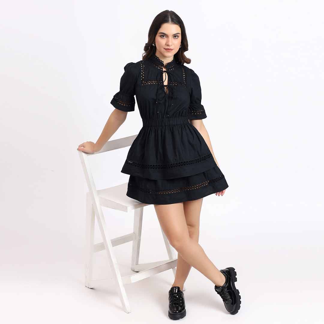 Saint Womens Black Solid Cotton Short Dress