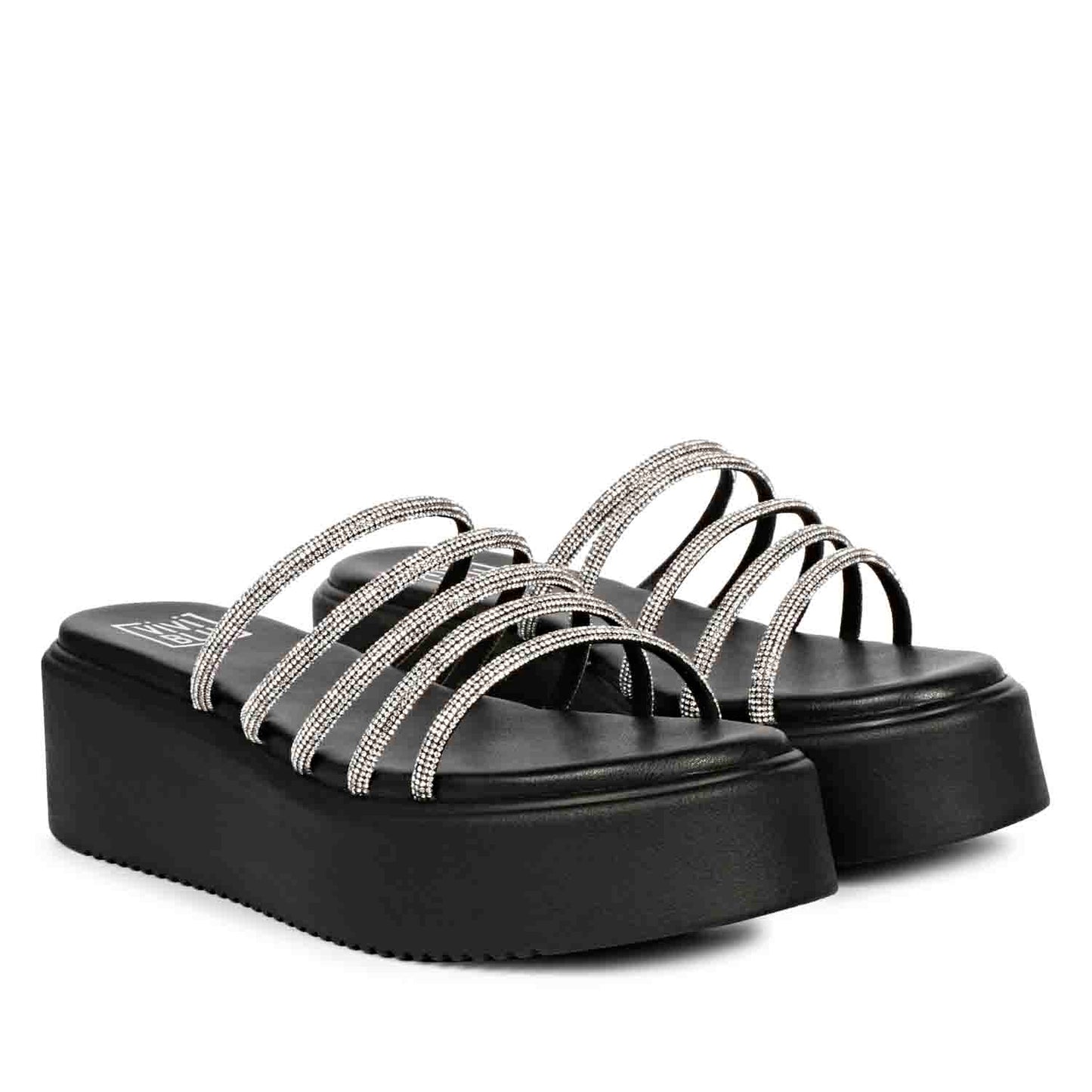 ViviBlu Black Leather Platform Sandals Embellished With White Straps