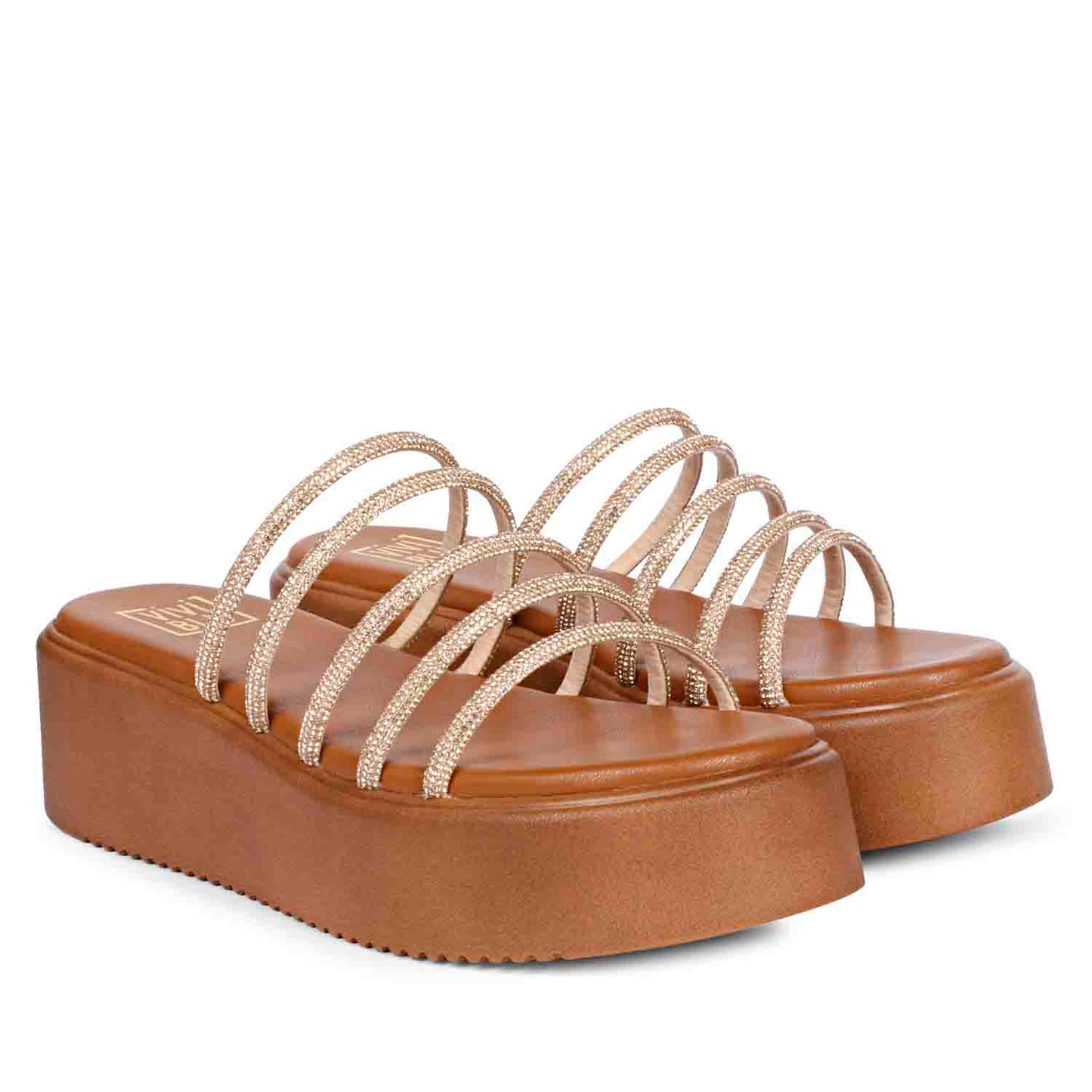 ViviBlu Tan Leather Platform Sandals Embellished With Gold Straps