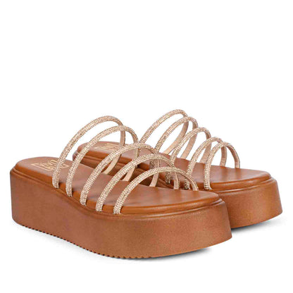 ViviBlu Tan Leather Platform Sandals Embellished With Gold Straps