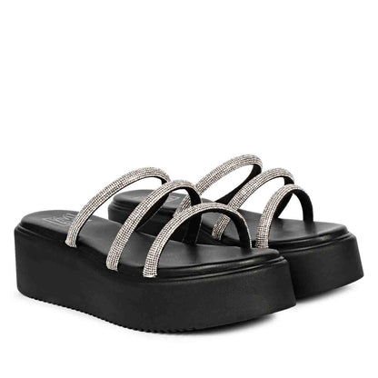 ViviBlu Black Leather Platform Sandals Embellished With White Straps