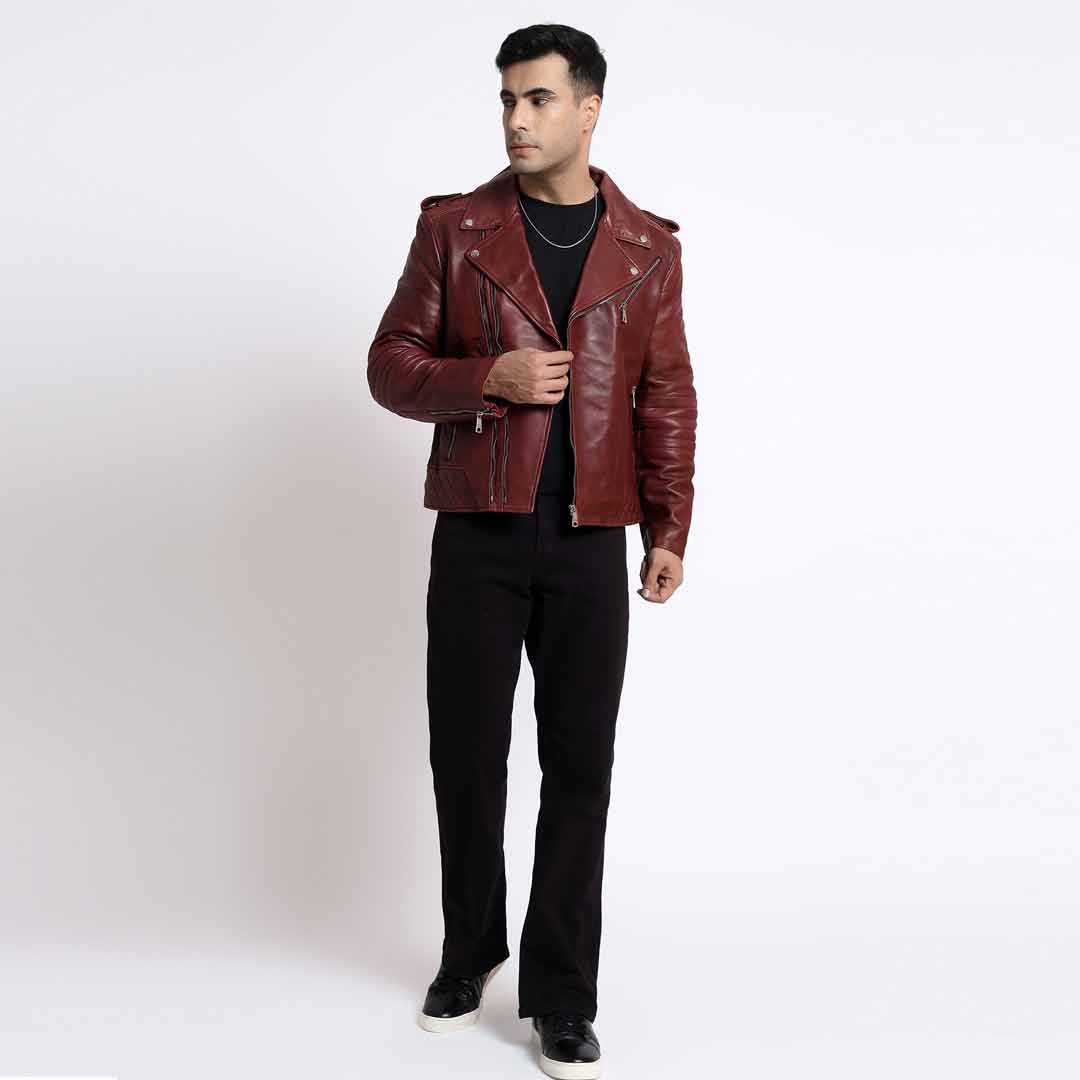 Saint Fabio Men Burgundy Leather Biker Style Jackets