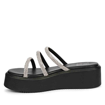 ViviBlu Black Leather Platform Sandals Embellished With White Straps