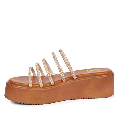 ViviBlu Tan Leather Platform Sandals Embellished With Gold Straps