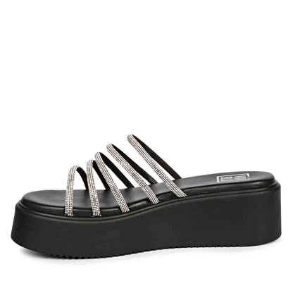 ViviBlu Black Leather Platform Sandals Embellished With White Straps