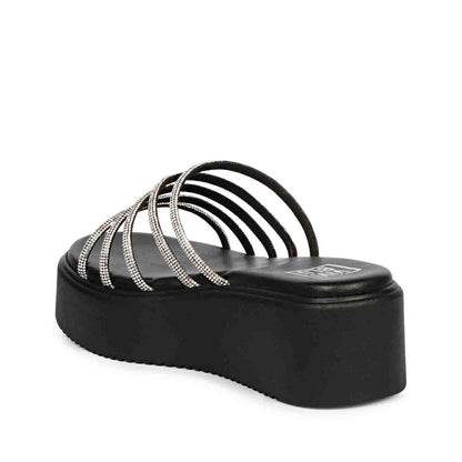 ViviBlu Black Leather Platform Sandals Embellished With White Straps