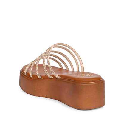ViviBlu Tan Leather Platform Sandals Embellished With Gold Straps